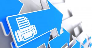 Printer Icon on Blue Arrow on a Grey Background.
